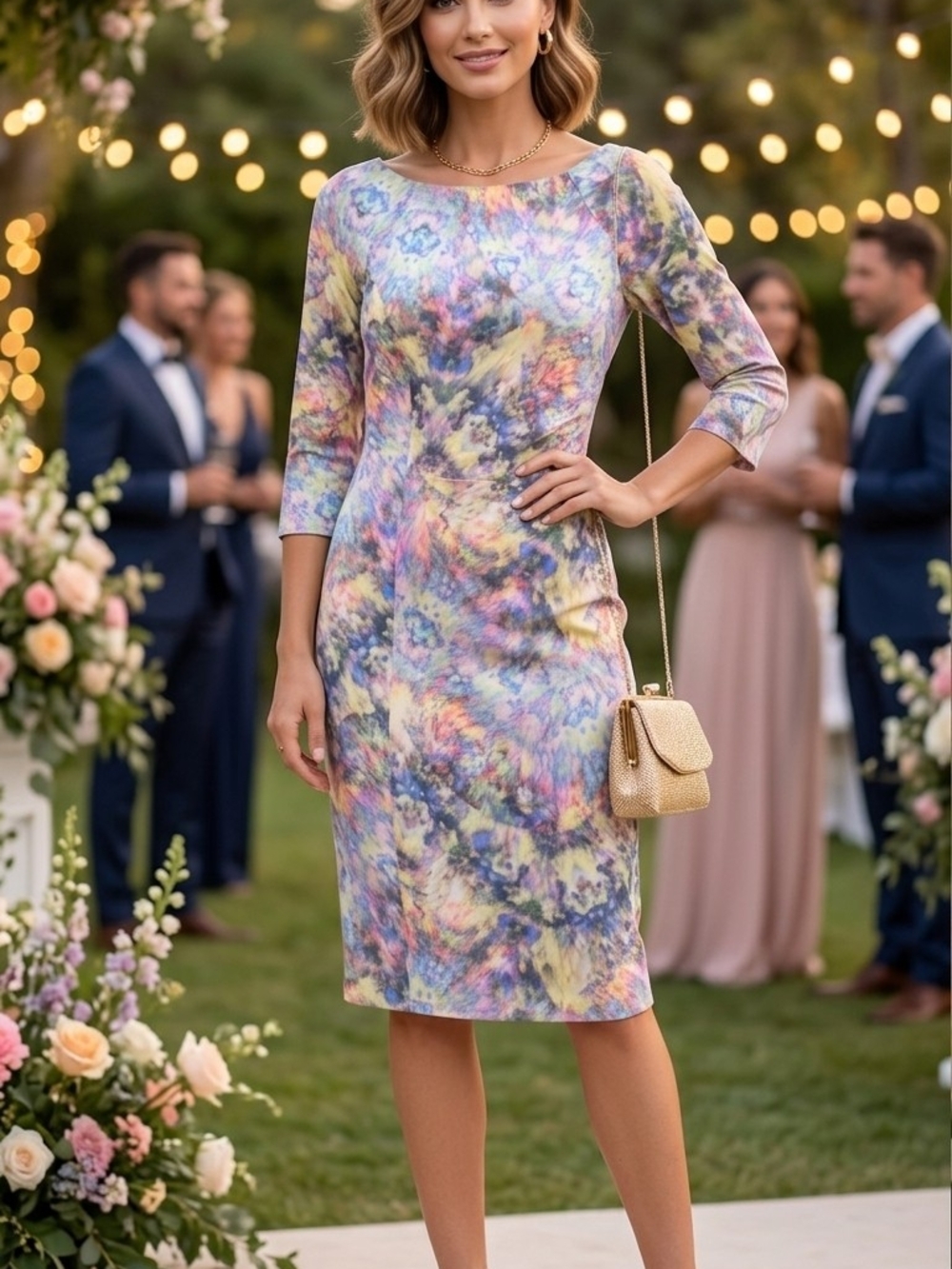 Pastel Watercolor Midi Sheath Dress with Three-Quarter Sleeves